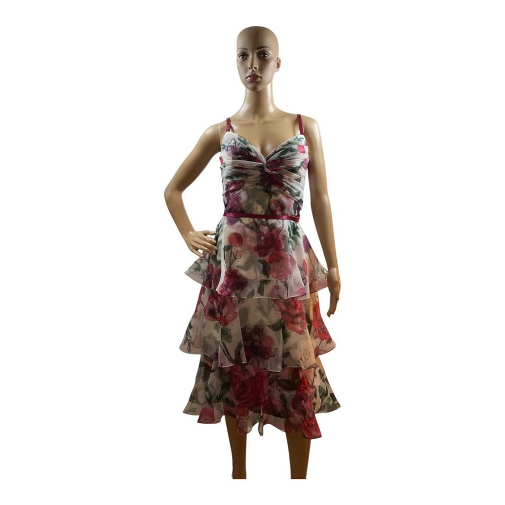 Marchesa Notte WomenFloral Tiered WhitePink Ruffle Fit & Flare Midi Dress Size 6 - Picture 1 of 16